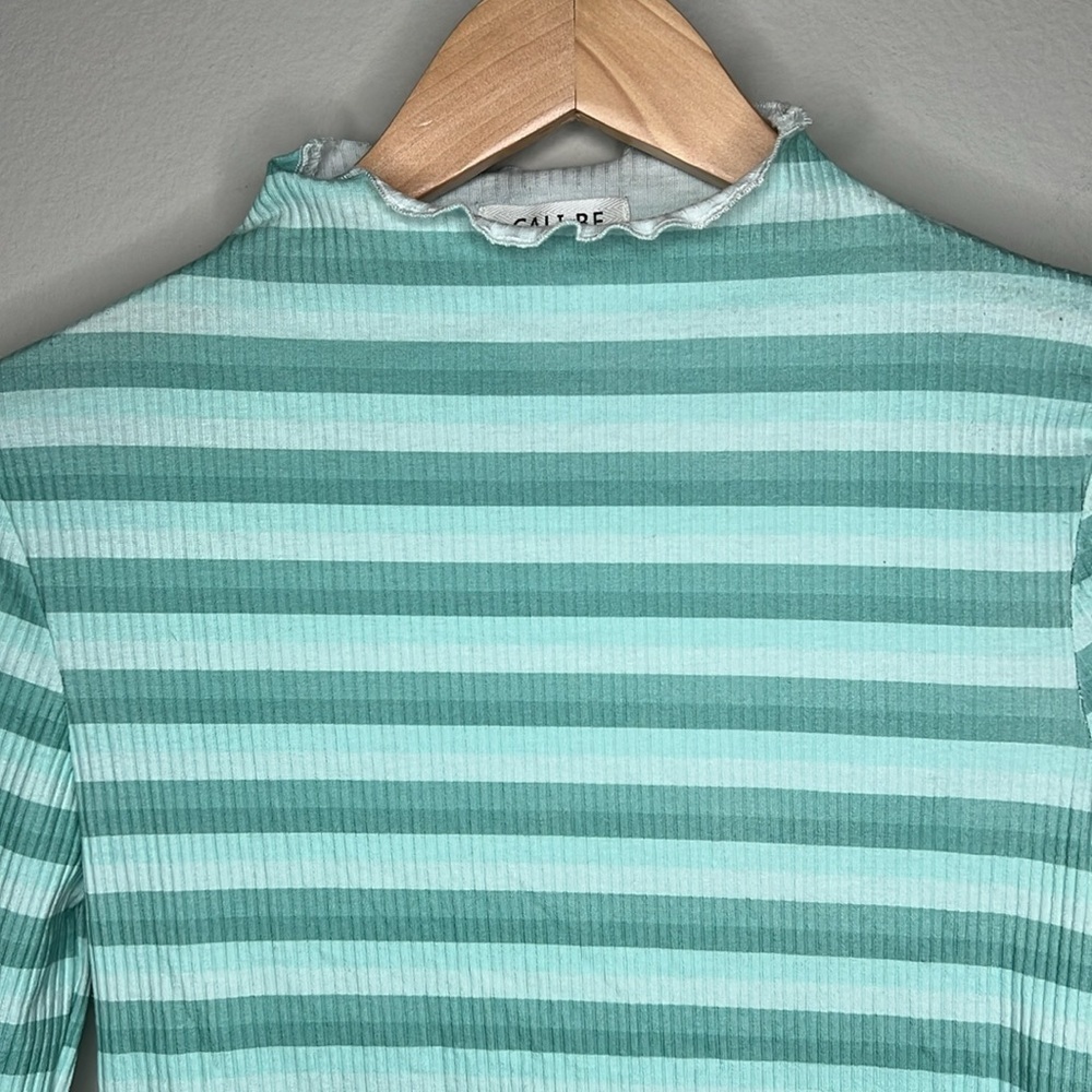 Cali Be Striped Ribbed Lettuce Mock Neck Long Sleeve Top Turquoise Size Medium - Picture 4 of 7